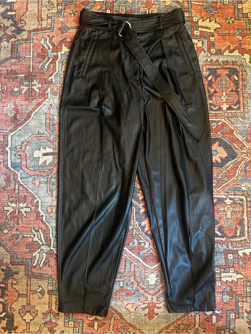 Babaton Black Vegan Leather Cropped Tapered Pants with belt - Picture 4 of 7